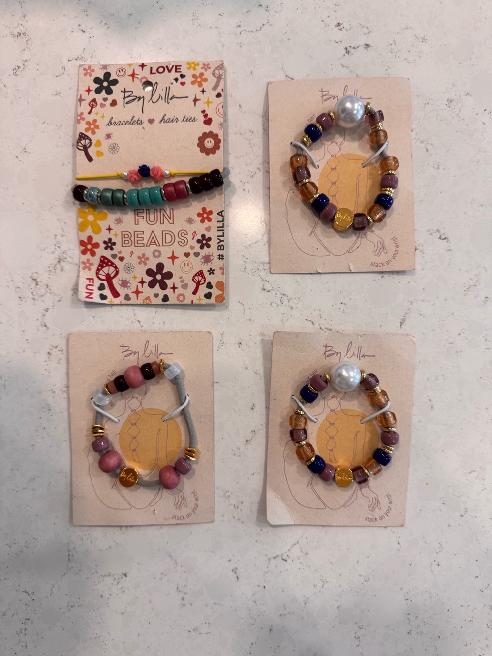 By Lilla  Beaded Bracelet hairtie Set - Purple, Pink, Blue & Gold Accents